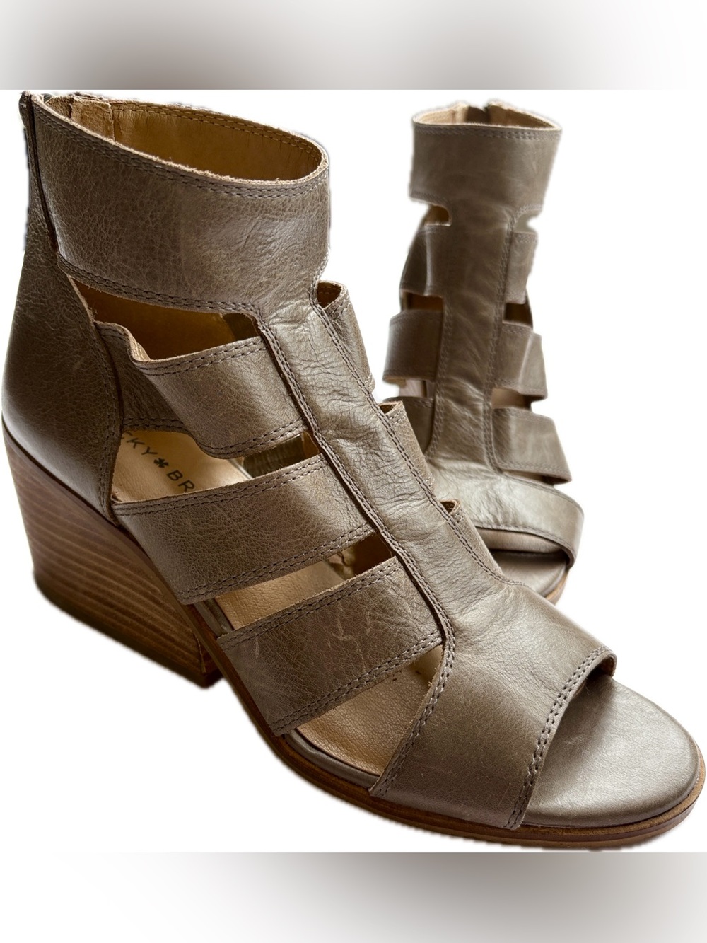 Lucky Brand Taupe Sortia Strappy Leather Wedge Sandals